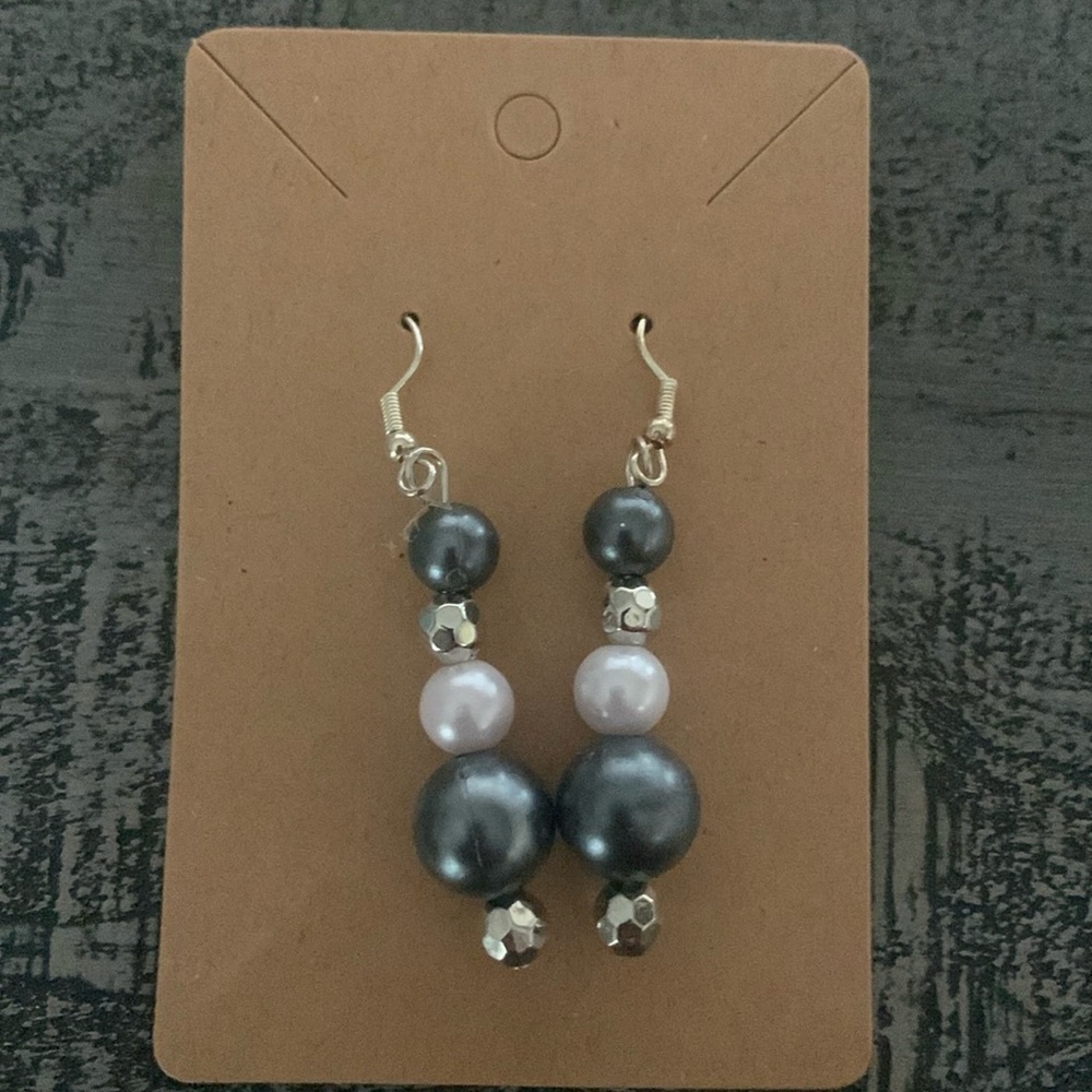 Homemade Bead Earrings, Grey, Pearl, and Silver tone, New